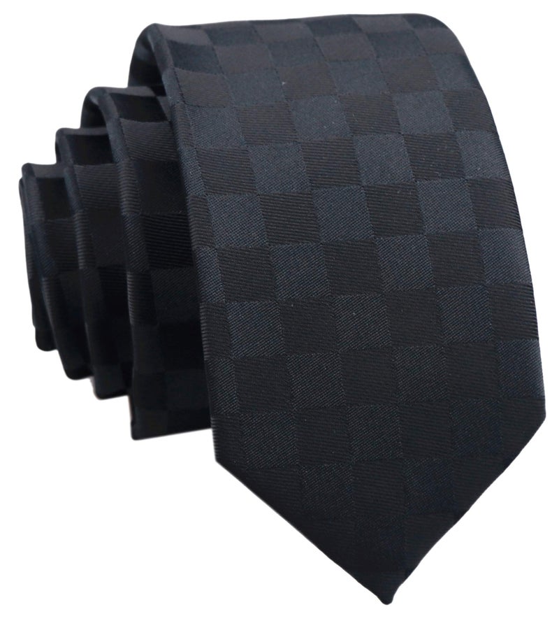 Ctskyte Slim Silk Necktie for Men Woven Jacquard Patterned Business Wedding Skinny Ties (Black Plaid, One Size) - Image 1